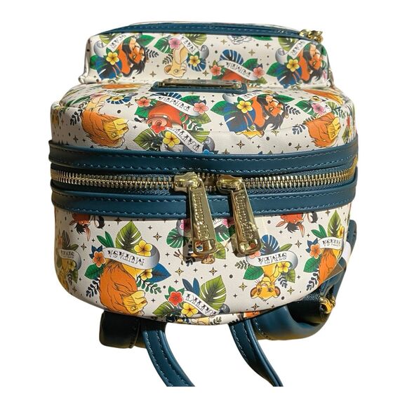 LOUNGEFLY Backpack White Disney Lion King Tattoo Charm Pumba Simba Scar Tropical - Picture 5 of 7